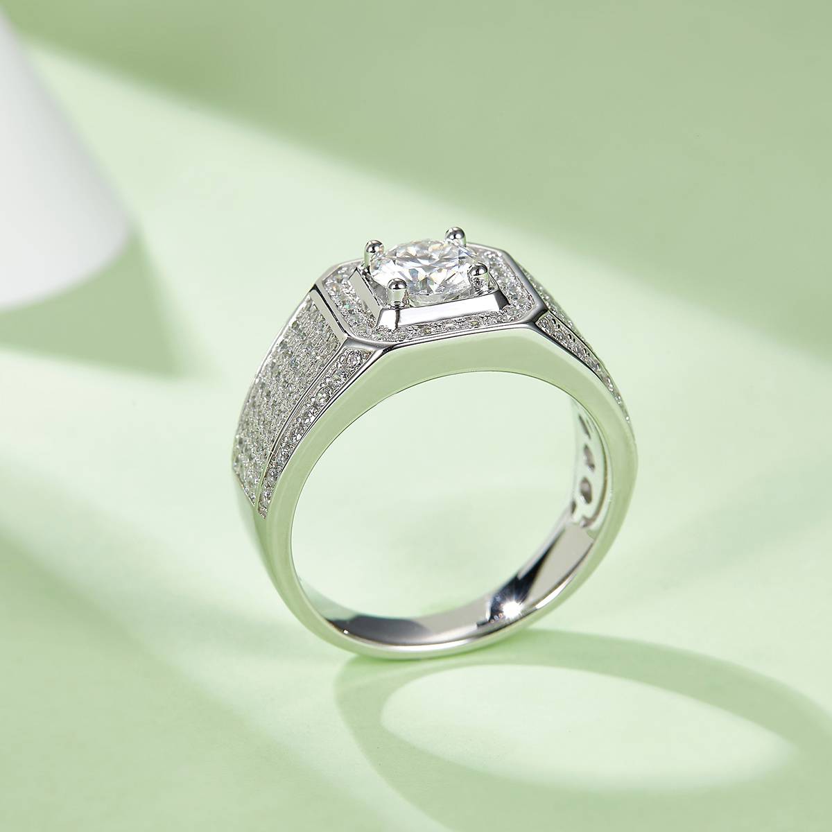 Wenjun S925 Silver Plated Platinum Moissanite Diamond Men's Ring 1 Carat D-Class